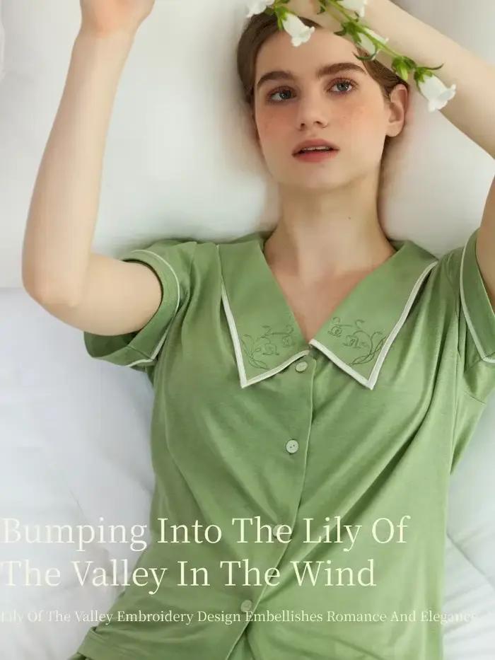 SUJIIN femmes Modal pyjama ensembles été à manches courtes Pjs confort pantalon vêtements de nuit brodé ensemble
