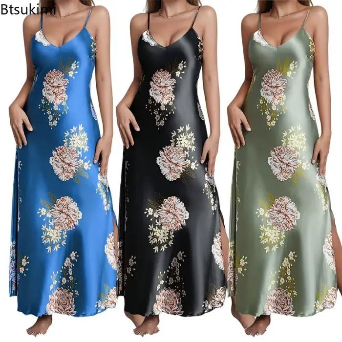 Nouveau 2026 femmes d'été élégant Sexy col en v imprimé fleuri soyeux confort lisse Slip chemises de nuit robes