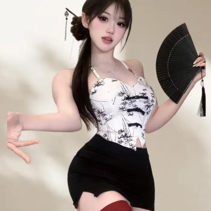 Nouvelle Lingerie Érotique Douce et Charmante Style Chinois – Ensemble Séduisant Haut de Gamme Imprimé avec Jupe Courte à Col Halter pour Femme