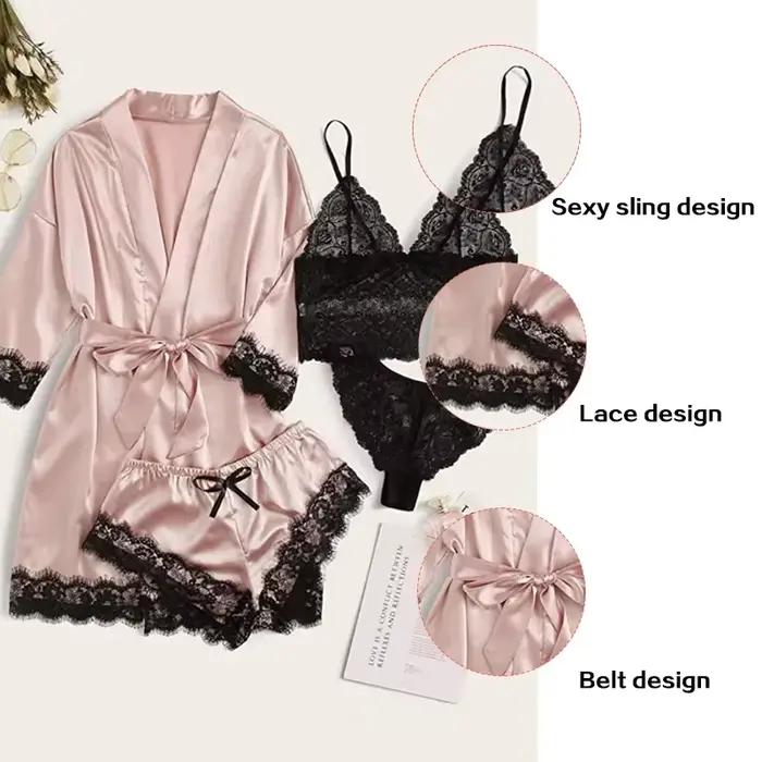 4 pièces femme vêtements de nuit pyjamas Ser avec Robe Sexy dentelle Lingerie peignoir soie Satin maison