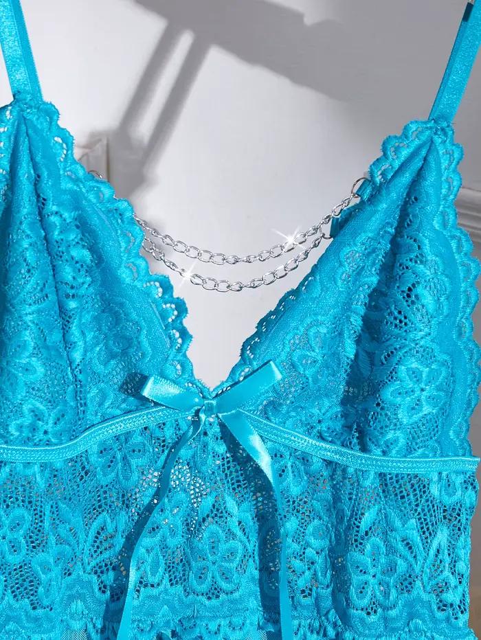 Ensemble de lingerie babydoll en dentelle bleue pour femme - Chemise à bretelles fines et col en V profond avec string