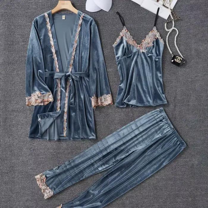 Nouveau velours pyjama costume femmes 3 pièces Robe chemise de nuit ensemble vêtements
