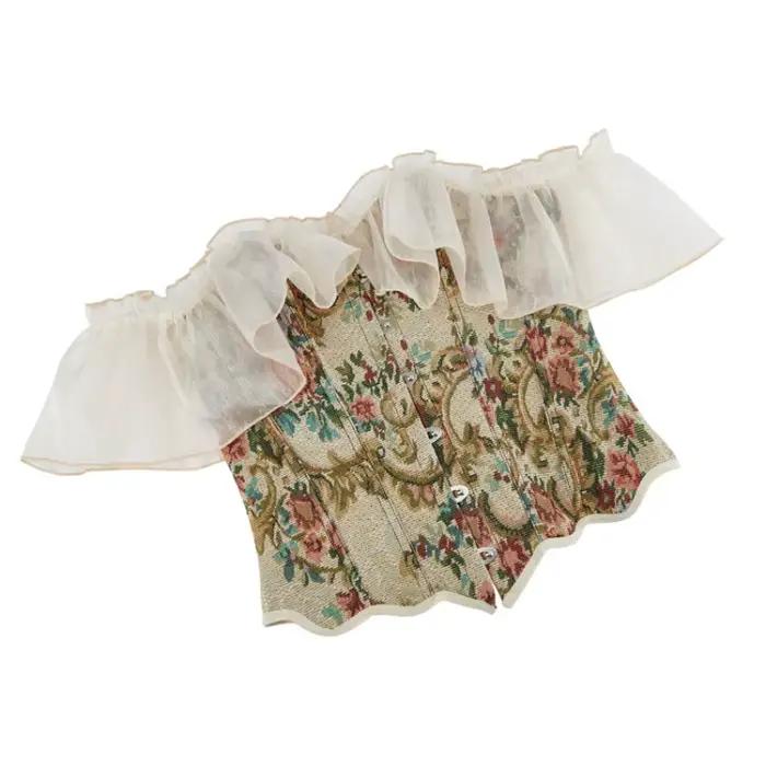 Haut Corset à manches courtes en dentelle pour femmes, Bustier Vintage en brocart, vêtements moulants Sexy, amincissant, façonnant la taille