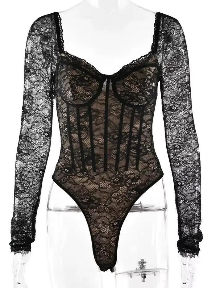 JULISSA MO Sexy col carré pure dentelle fermeture éclair femmes body à manches longues imprimé fleuri dame hiver moulante élégant combishort nouveau