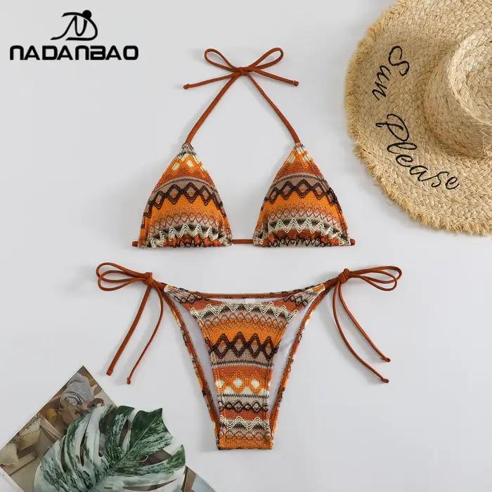 Nadanbao Sexy tricot imprimé fleuri Bikini ensembles maillots de bain femmes marron dos nu mode maillot de bain femme licou plage fête Bikini
