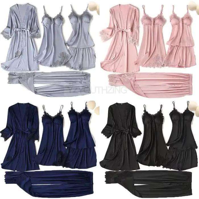 Ensemble pyjama Pour femmes dentelle garniture Satin vêtements de nuit Pyjamas Pour Femme