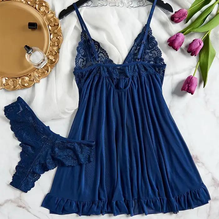 Tulle bretelles dentelle col en v vêtements de nuit sous-vêtements Semi-transparent robe