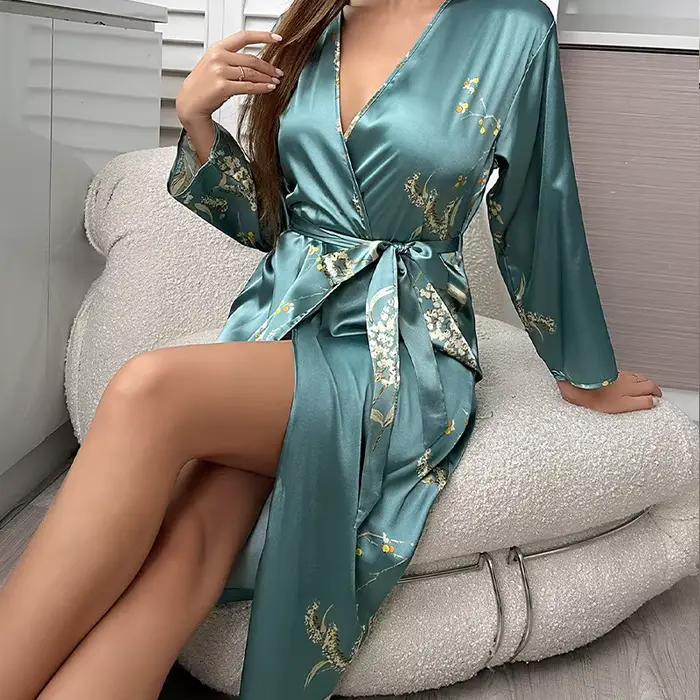 Vert imprimé vêtements de nuit femmes Sexy longue Kimono Robe col en v