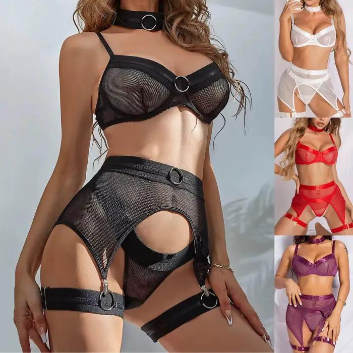Femmes dentelle maille ensemble de Lingerie Bralette culotte à bretelles