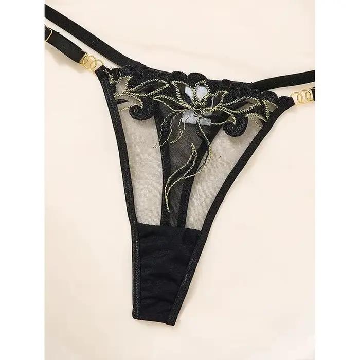 Ensemble de lingerie fine noire en maille avec broderie délicate pour femmes, sous-vêtements sexy et transparents, pour lune de miel et occasions romantiques