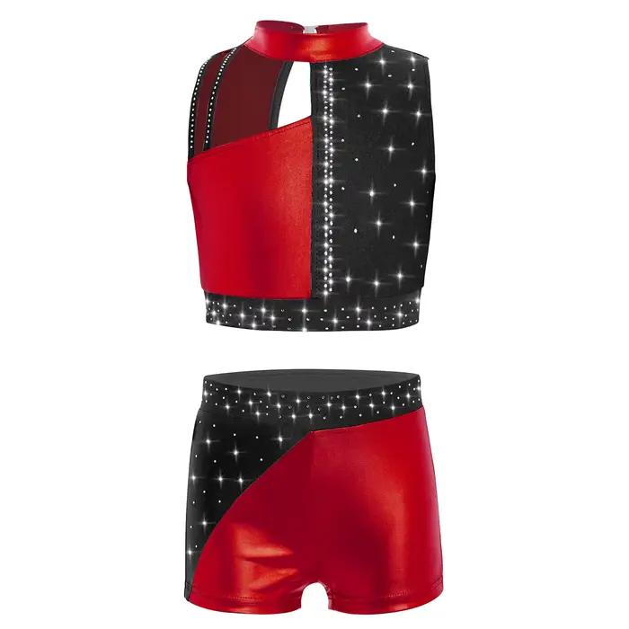 Tenue de gymnastique pour enfants filles, patinage artistique, danse de Ballet, Costume de spectacle, strass brillants, haut court métallique avec short