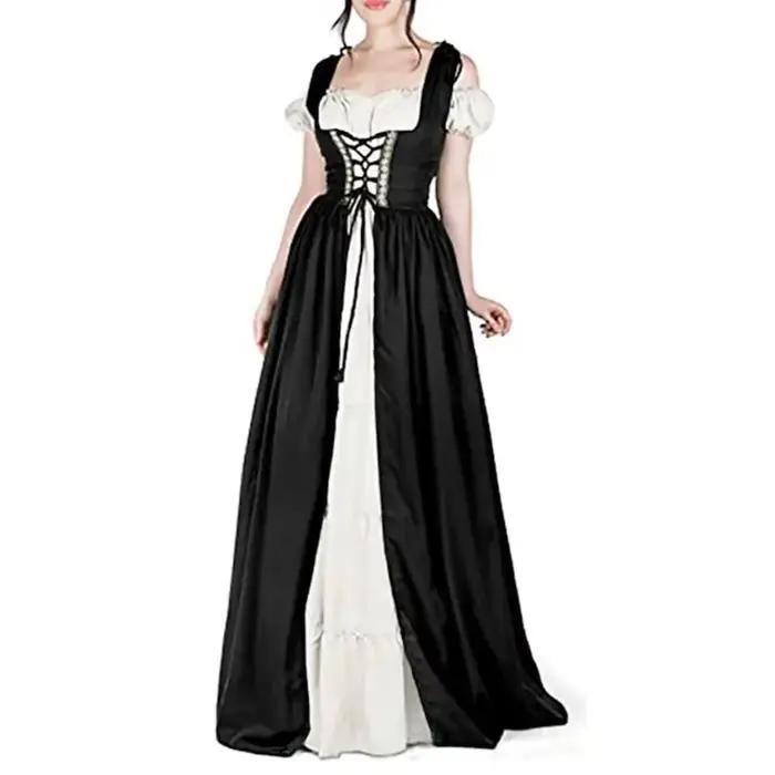 Robe corset de style cour médiévale à manches longues avec manches chauve-souris épaules dénudées et jupe longue évasée pour femme