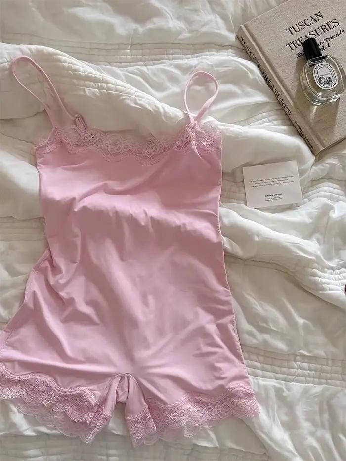 Combishort Slim en dentelle pour femme, haute élasticité, sangle réglable, body Slim, couleur unie, mode Streetwear, hauts une pièce lisses