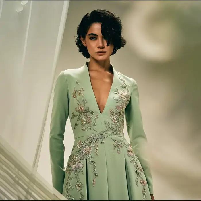Robe de soirée vert sauge personnalisée, col en V profond, manches longues, pour femme, 2026, plissée, coupe trapèze, longue, formelle