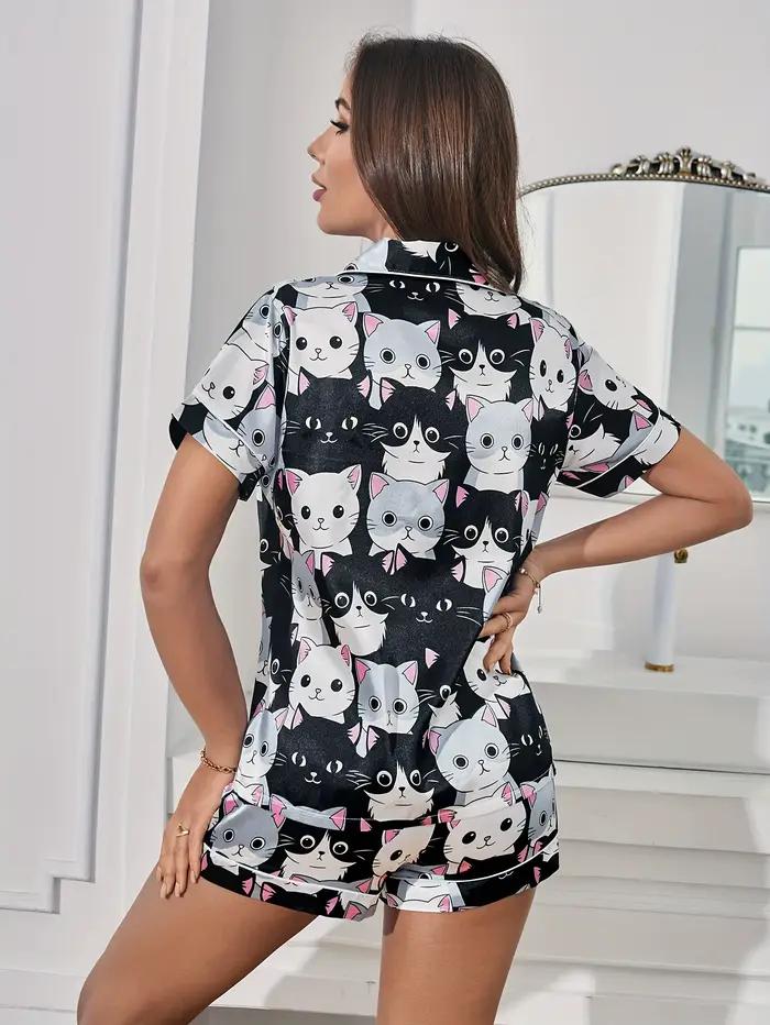 Ensemble de pyjama en satin à imprimé chat mignon pour femmes