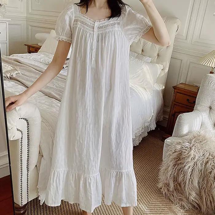 Robe de nuit longue blanche 100 % coton pur à manches courtes pour femme