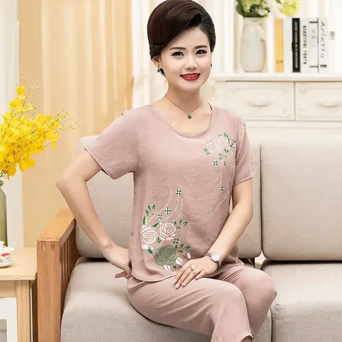Été femmes Pijama Adulto Feminino XL-4XL grande taille lin coton imprimé pyjama ensemble
