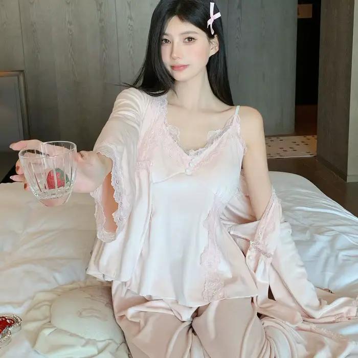 Femme 3 pièces Pyjamas ensemble vêtements de détente élégant Style cour française
