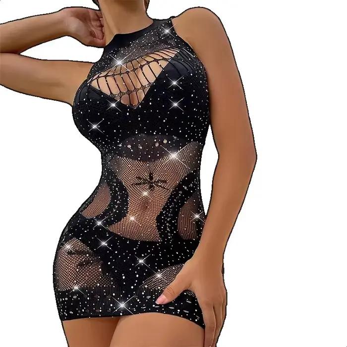 Lingerie sexy en résille ornée de strass pour femme