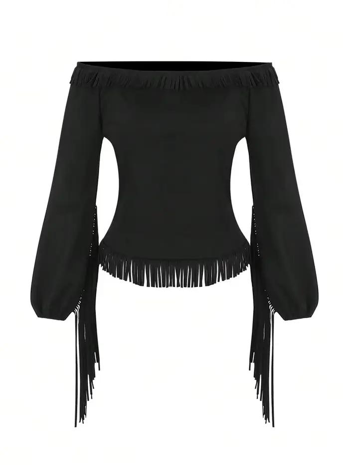 T-shirt moulant sexy à épaules dénudées pour femme, manches longues, style rétro western, avec franges, hauts pour femmes, camisetas