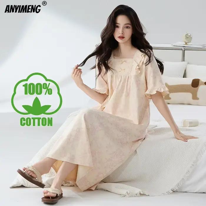 Chemises de nuit pour femmes 100% coton, style princesse rétro, chemise de nuit élégante pour femme, taille M-4XL, robe d'été à manches courtes