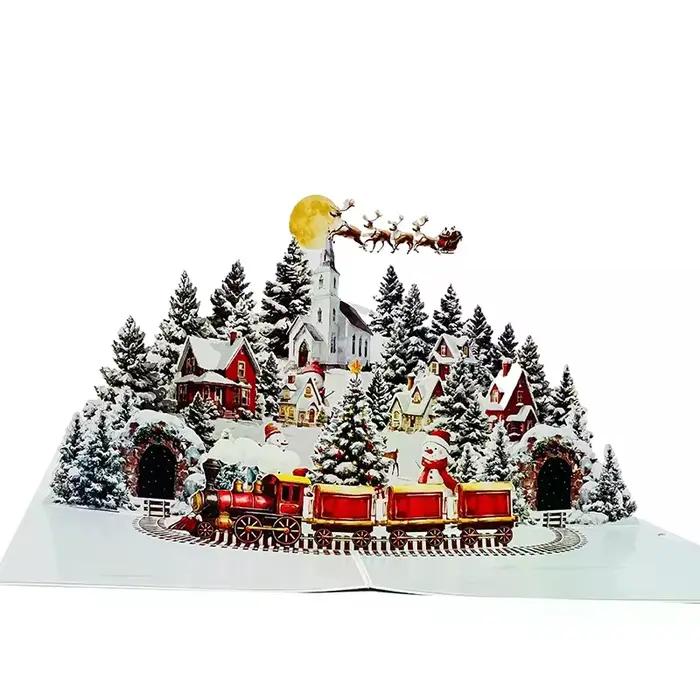 Carte de noël 3D, scène de nuit avant noël avec père noël, renne, Village enneigé et ciel clair de lune, carte de vœux de vacances Festive F
