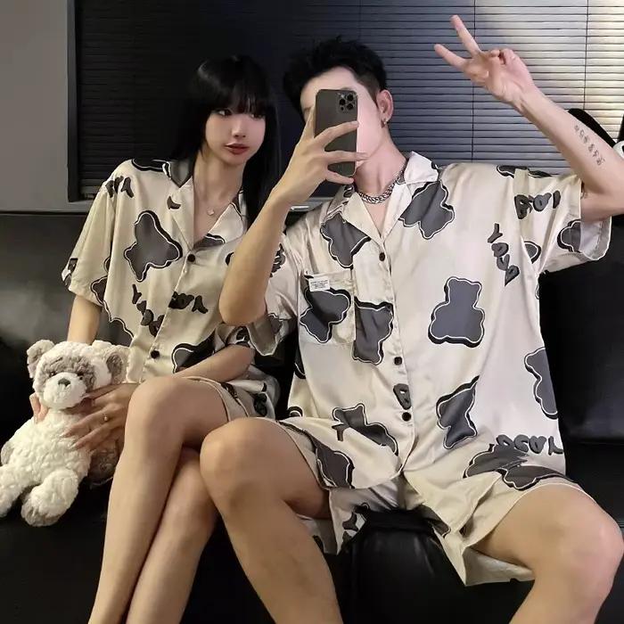 Femmes glace soie pyjamas ensemble dessin animé ours vêtements de nuit