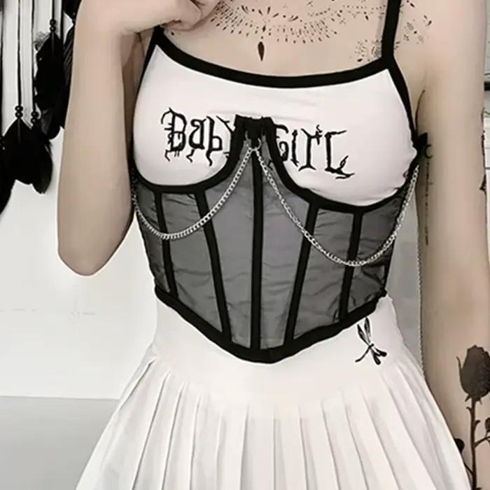 Corset Sexy sous le buste Punk chaîne en métal noir femmes haut courbe Shaper sangle minceur taille haute ceinture dentelle Bustiers