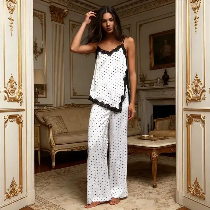 Hiloc Ensemble pyjama 2 pièces en satin à pois pour femme