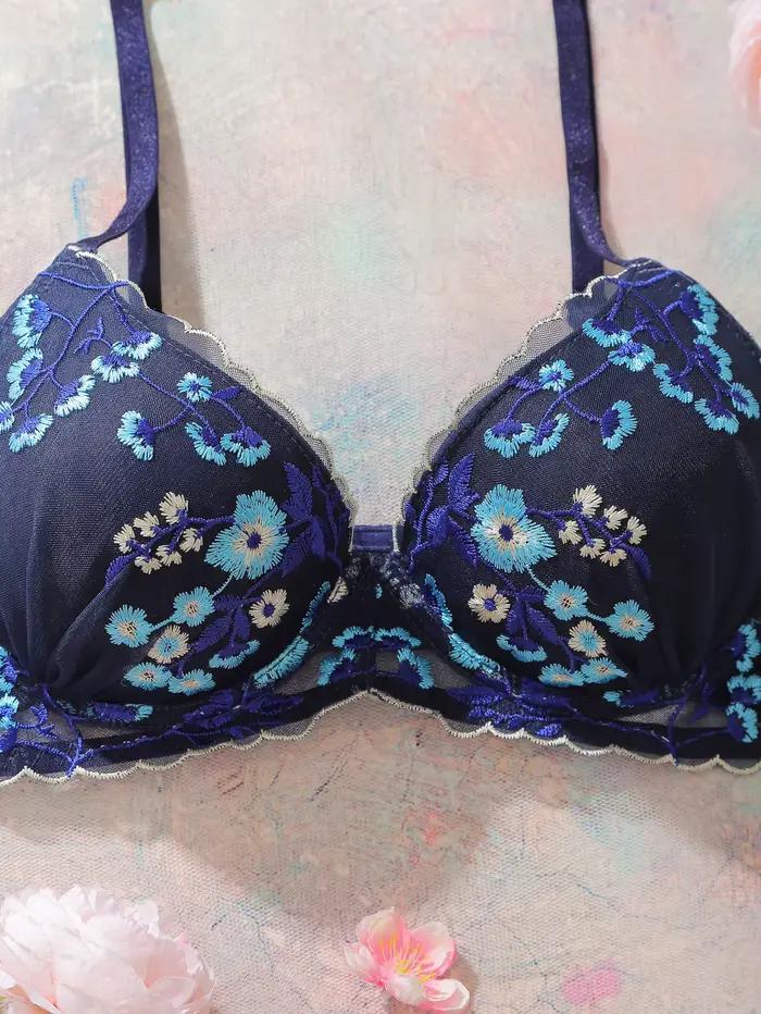 Soutien-gorge brodé floral en dentelle et résille avec armatures pour femmes, confortable et élégant pour toutes les occasions