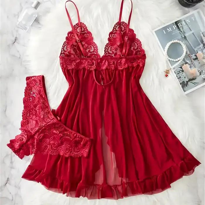 Nouvel ensemble de lingerie pour femmes, robe de nuit en dentelle rouge