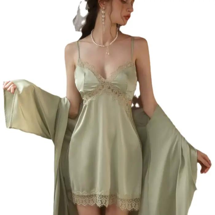 Femmes dentelle Patchwork 2 pièces Robe ensemble Sexy Robe de nuit Satin chemise de nuit été nouveau Kimono peignoir vêtements de nuit Satin vêtements de nuit