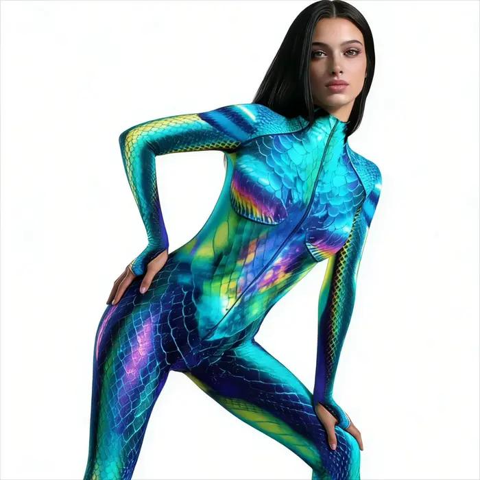 Combinaison sexy pour femme, style cyberpunk futuriste, armure mécanique, imprimé sirène, costume de cosplay fantaisie pour Halloween