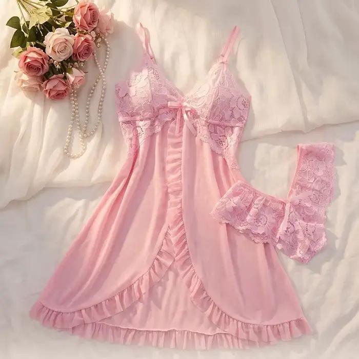 Ensembles Kawaii roses grande taille, sous-vêtements sexy pour femmes, robe de nuit de luxe Y2k, ensemble de lingerie 2 pièces, mini bikini string féminin