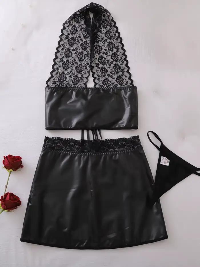 Lingerie sexy en PVC, Babydoll en dentelle, sous-vêtements, costumes à bretelles fines, Teddies, vêtements de nuit, costumes de fête en boîte de nuit, mini-jupe : S-L