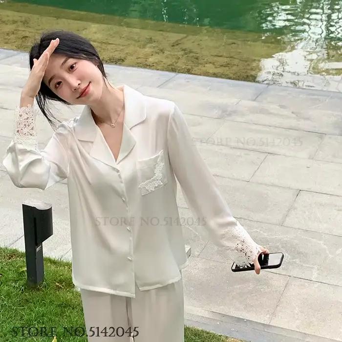 Ensemble de pyjamas de luxe pour femmes en satin de soie avec dentelle, vêtements de nuit élégants pour la maison et occasions spéciales