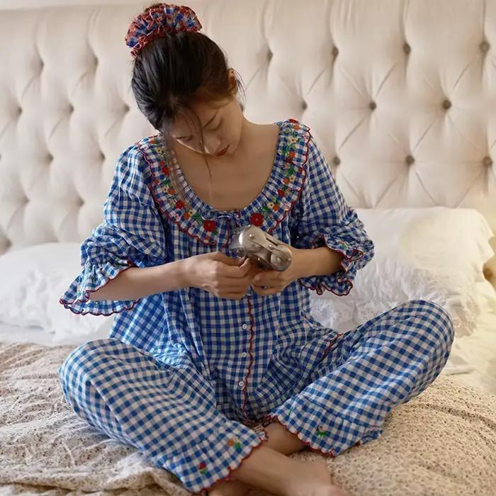 Ensemble de pyjama long à manches longues en coton 100% à carreaux