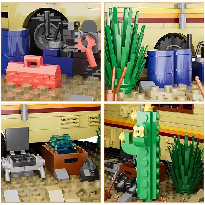 Blocs de construction de modèles de voitures, bus et camping-cars d'aventure, inspirés de la série Breaking Bad, pour les fans passionnés.