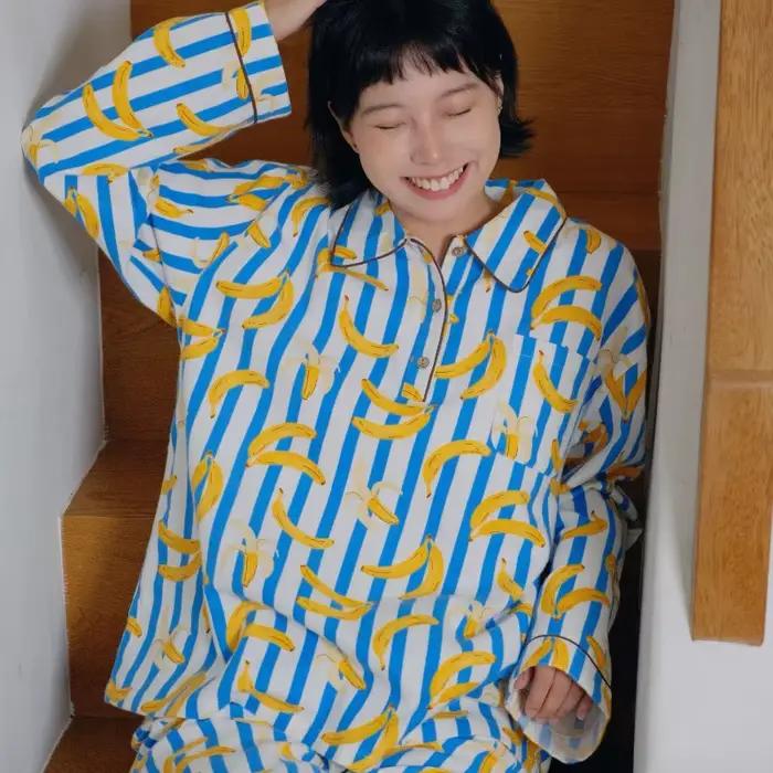 Rayé banane pyjama ensemble femmes mignon dessin animé fruits vêtements de nuit 100% coton à manches longues