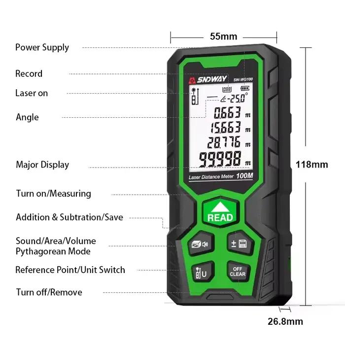 SNDWAY télémètre Laser vert SW-WG100 salle de mesure intérieure et extérieure plage Laser anti-poussière et étanche