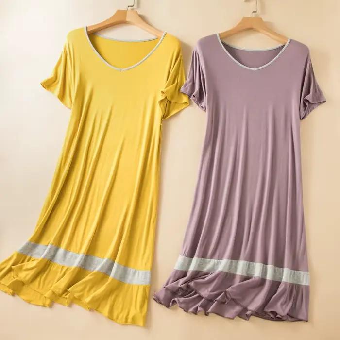 Robe de nuit mi-longue à manches courtes pour femmes, vêtements de nuit, chemises de nuit, grande taille, vêtements de maison décontractés, chemises de nuit d'été pour femmes