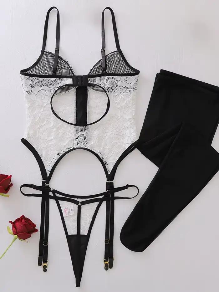 Ensemble de lingerie élégant pour femme Belamimi Willowy, corset et string 2 pièces avec bas, motif floral, baleines et volants, kit intime amincissant