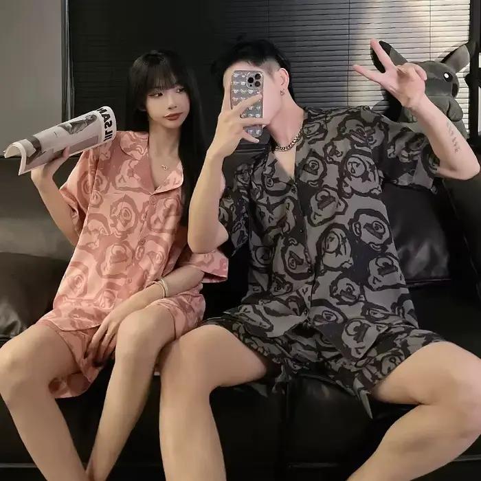 Femmes glace soie pyjamas ensemble dessin animé ours vêtements de nuit