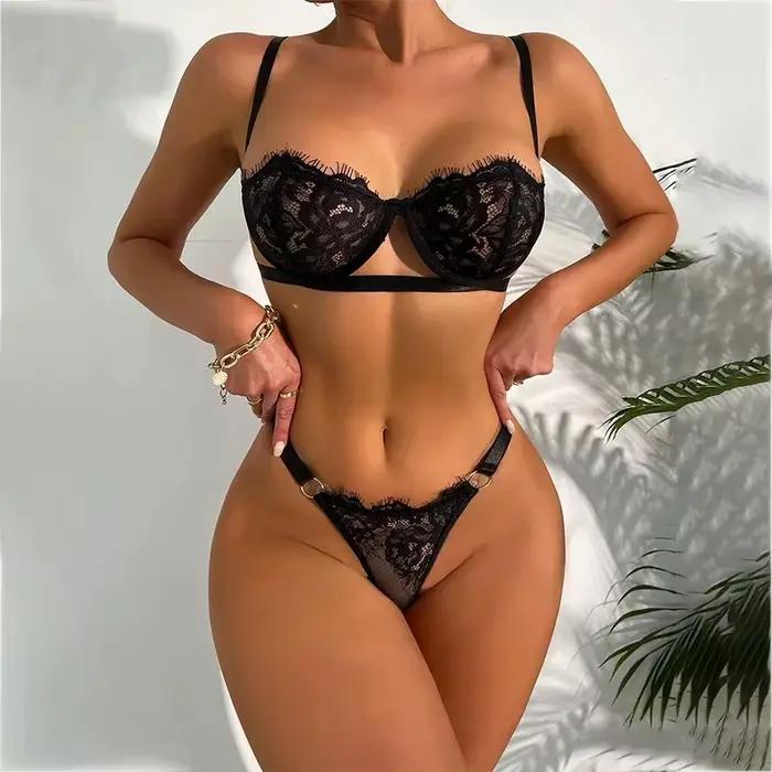 Ensemble de lingerie sexy noué en dentelle à armatures ajourées pour femmes en polyester et coton diverses couleurs et tailles