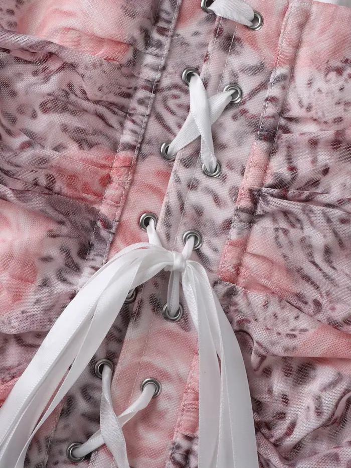 Corset bustier rose imprimé léopard en maille pour femme, sans bretelles, froncé sur les côtés, à lacets au dos, style Y2K Coquette