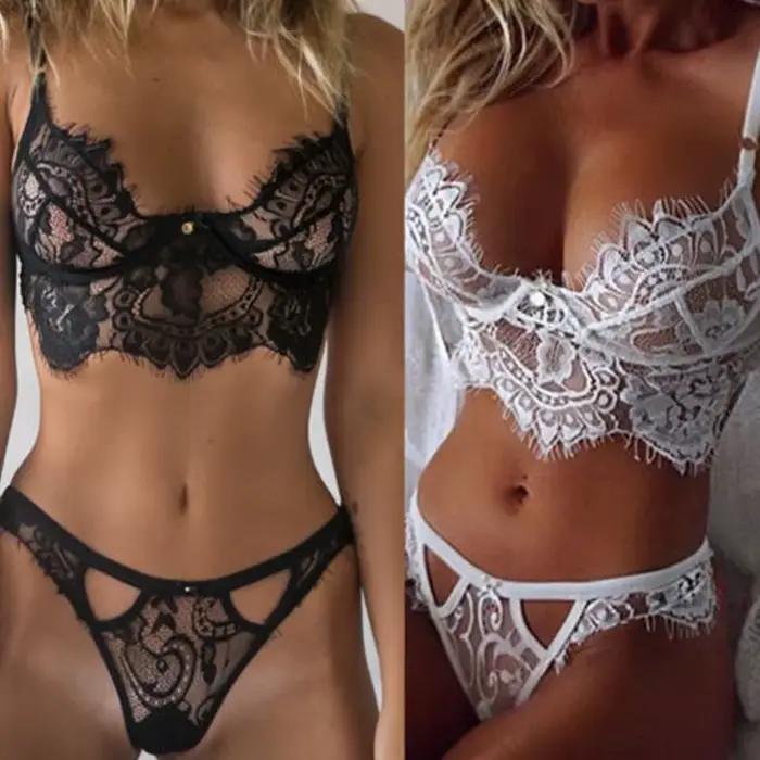 Sous-vêtements en dentelle cils creux Lingerie en dentelle ensemble soutien-gorge et culotte adulte blanc sous-vêtements noirs femmes ensemble de Lingerie Sexy Cekca femmes