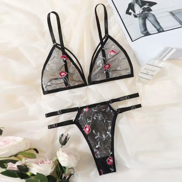 Ensemble de lingerie en dentelle brodée de fleurs pour femmes