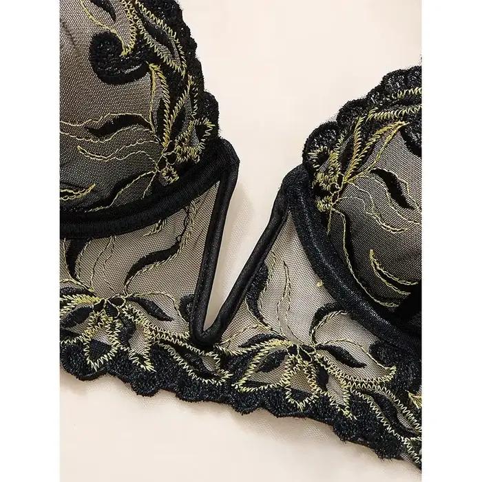 Ensemble de lingerie fine noire en maille avec broderie délicate pour femmes, sous-vêtements sexy et transparents, pour lune de miel et occasions romantiques