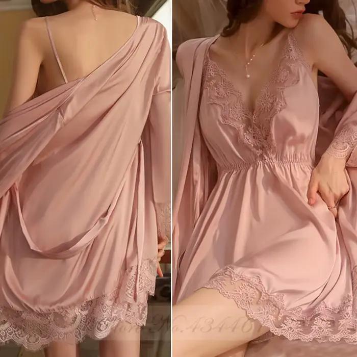 Ensemble de chemise de nuit kimono en dentelle bordeaux