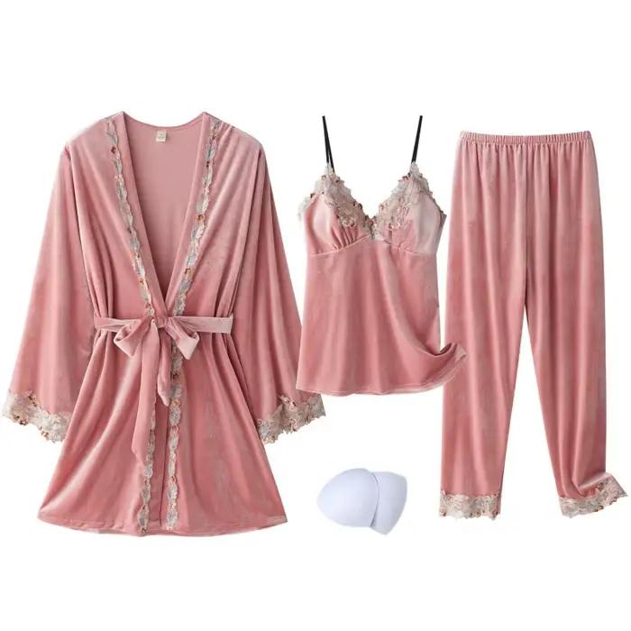 Nouveau velours pyjama costume femmes 3 pièces Robe chemise de nuit ensemble vêtements